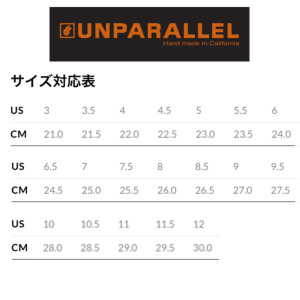 サイズチャート（実寸を目安にワンサイズアップが目安）例：実寸25.5cmならUS8.5
